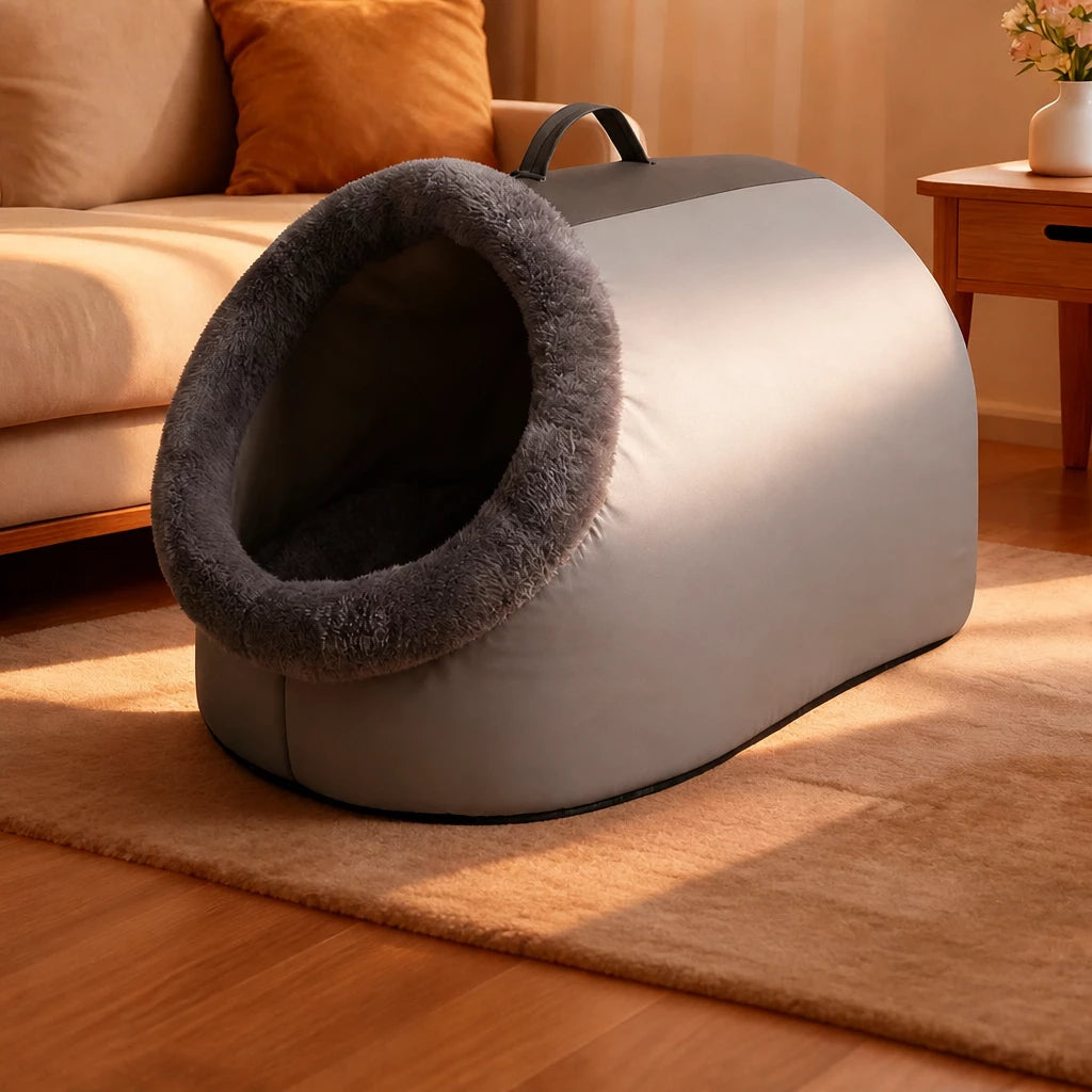 Enclosed Plush Pet Bed with Carry Handle for Cats and Small Dogs