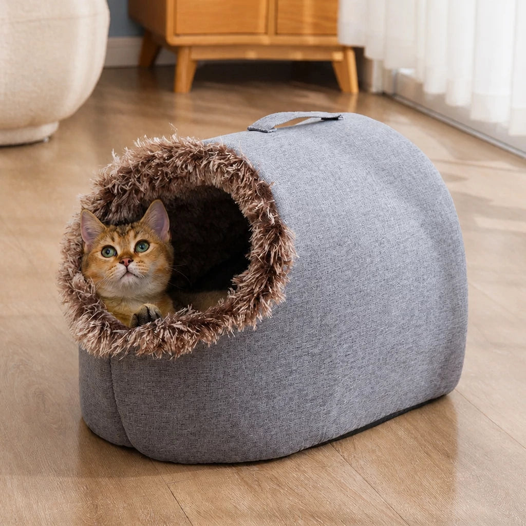 Enclosed Plush Pet Bed with Carry Handle for Cats & Small Dogs
