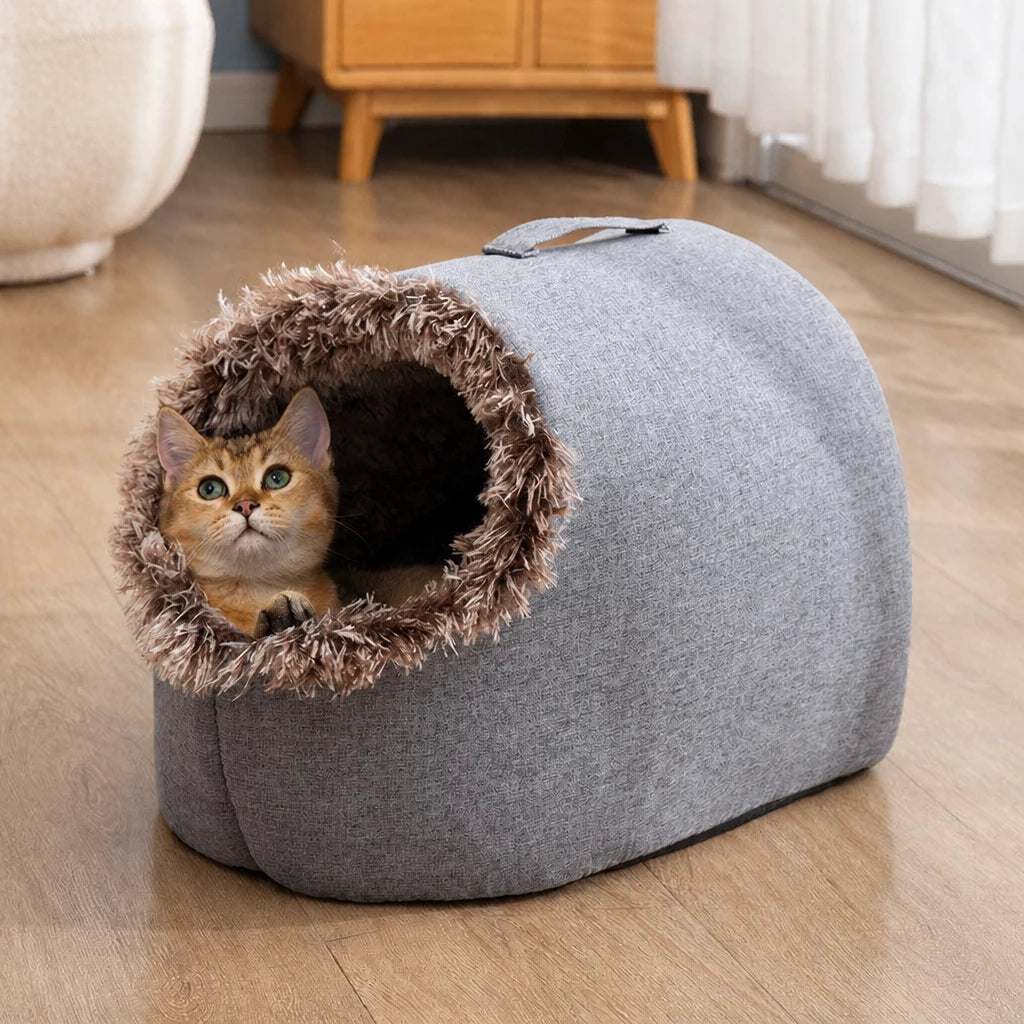 Enclosed Plush Pet Bed with Carry Handle for Cats & Small Dogs