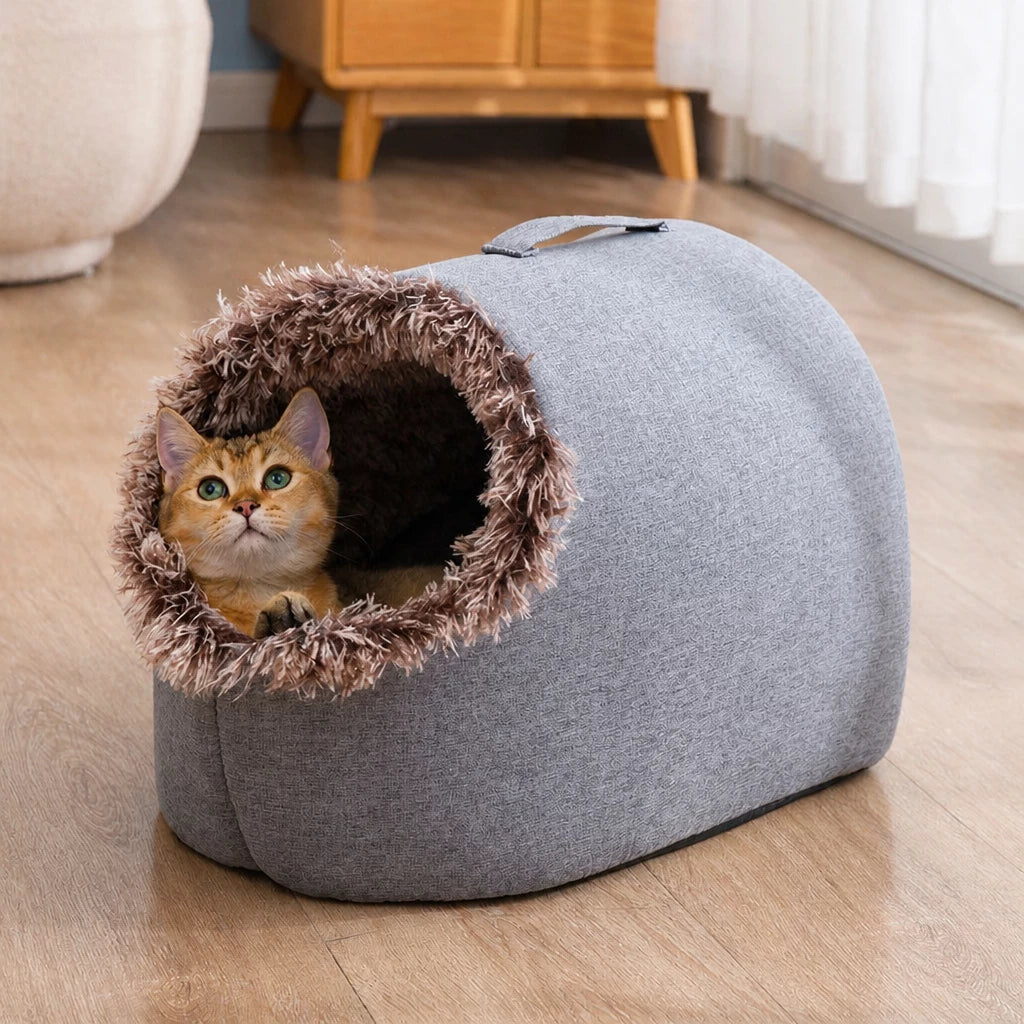 Enclosed Plush Pet Bed with Carry Handle for Cats & Small Dogs