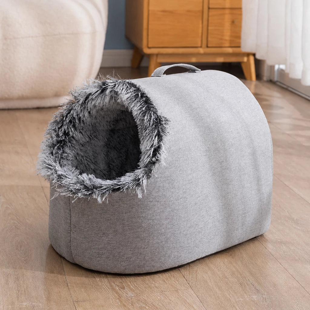 Enclosed Plush Pet Bed with Carry Handle for Cats & Small Dogs