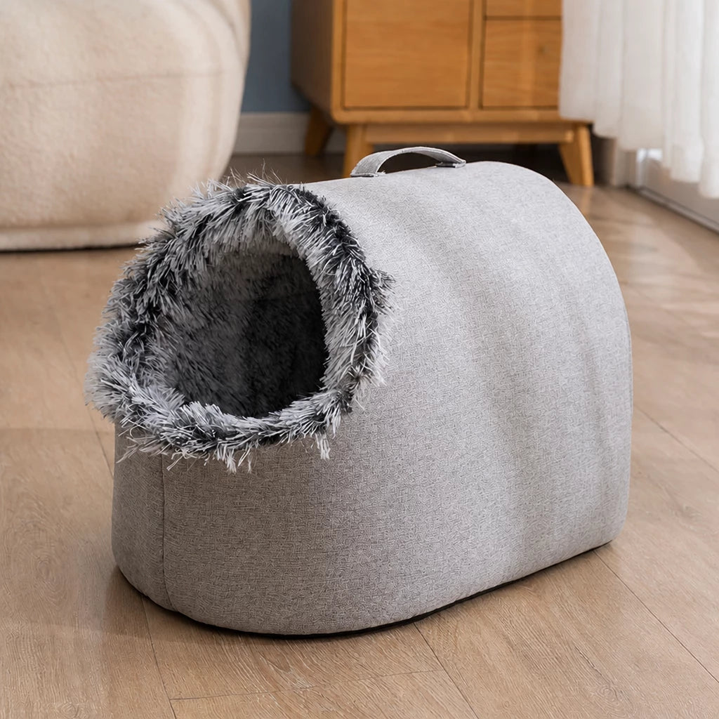 Enclosed Plush Pet Bed with Carry Handle for Cats & Small Dogs