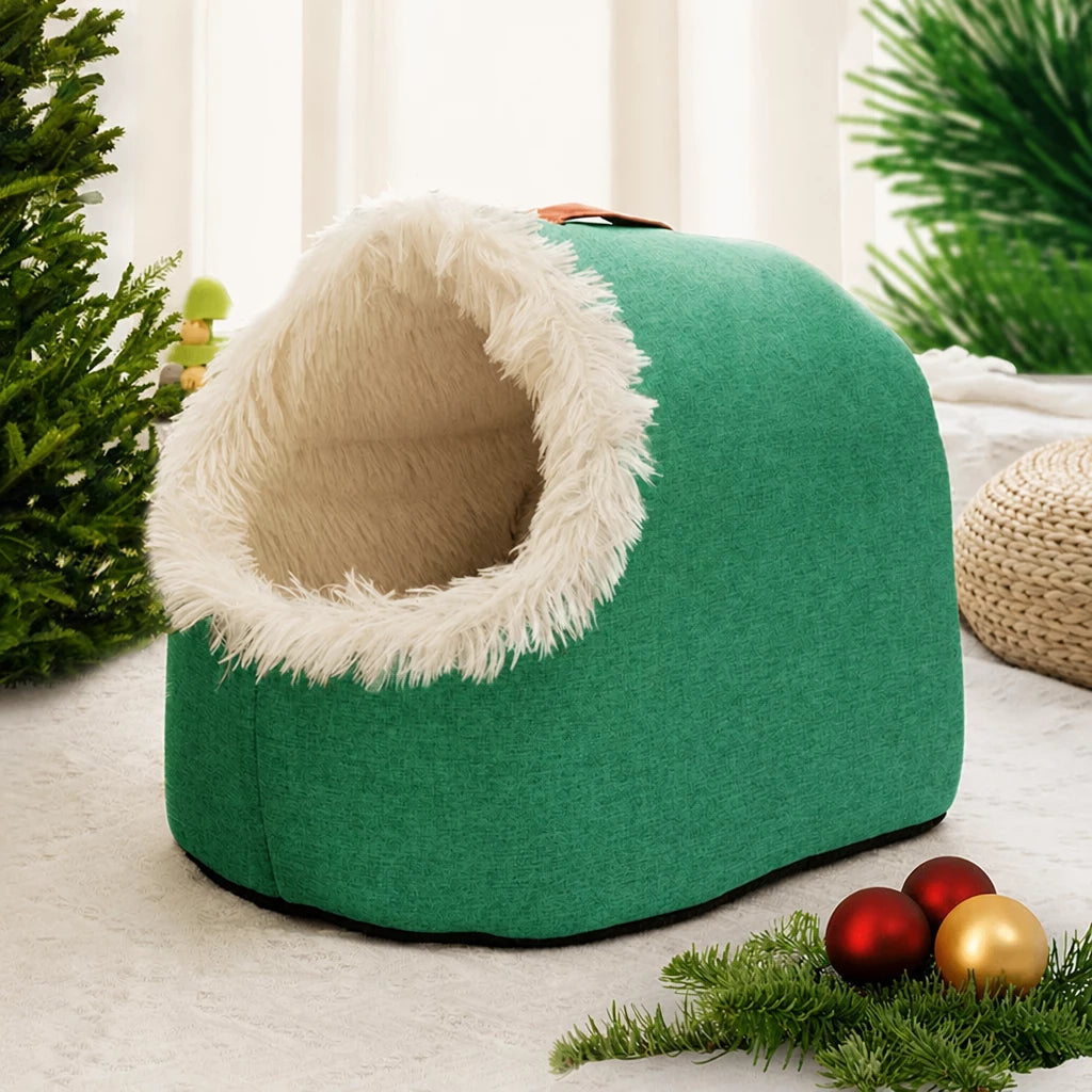 Enclosed Plush Pet Bed with Carry Handle for Cats & Small Dogs