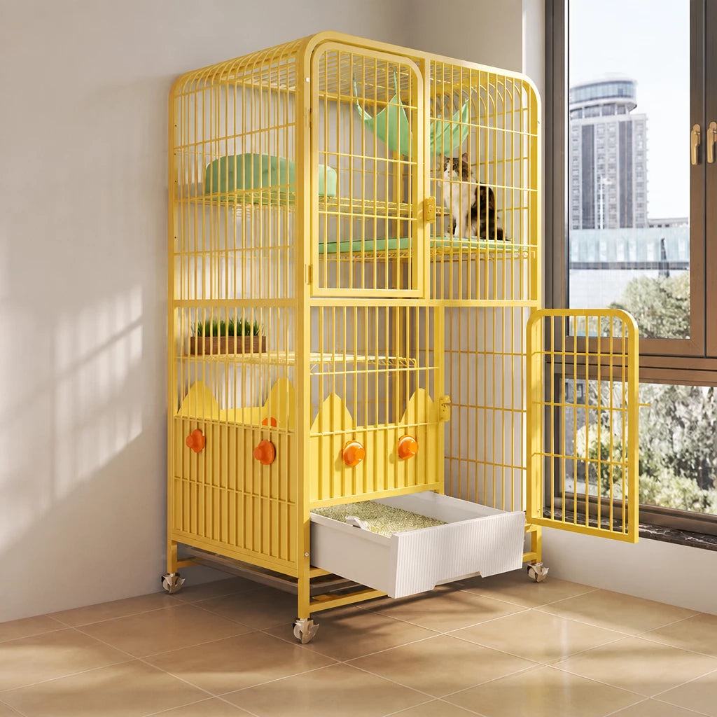 Multi-Level Cat Cage with Integrated Litter Box