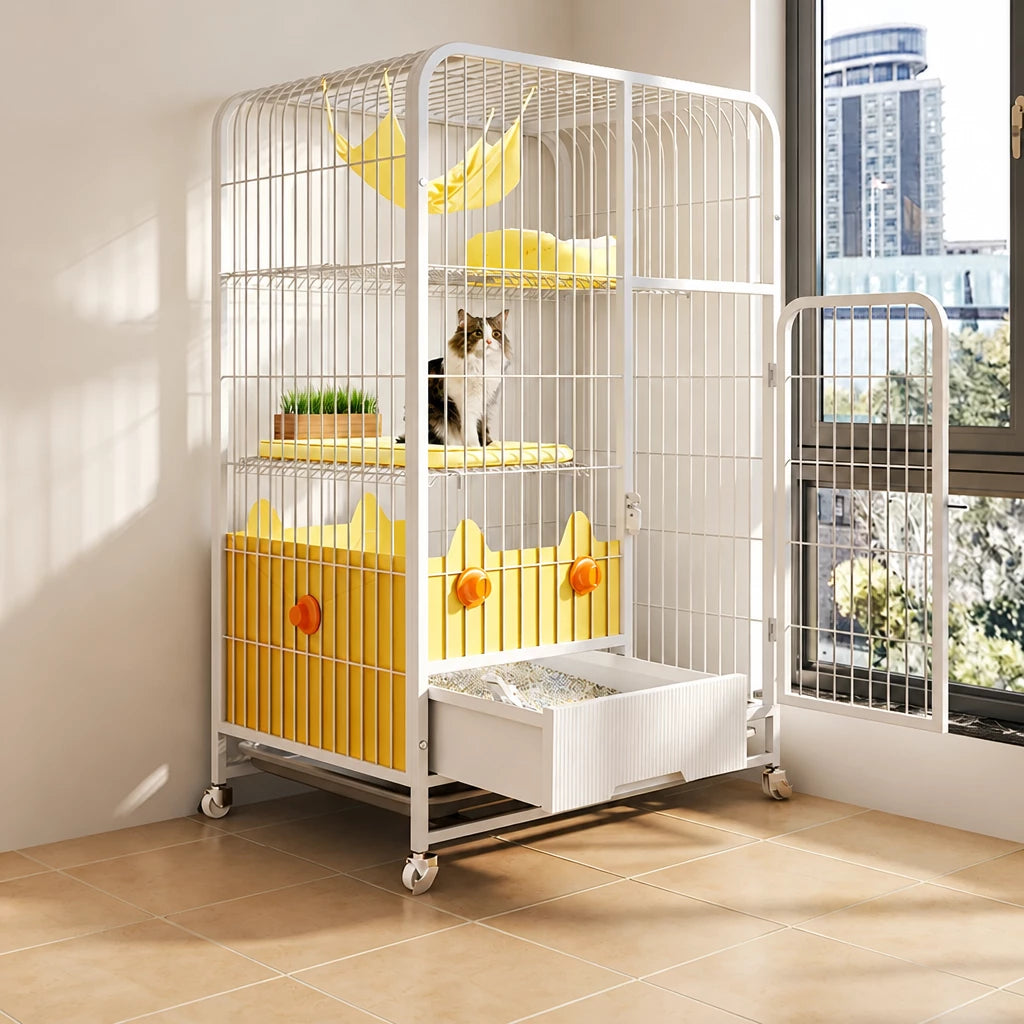 Multi-Level Cat Cage with Integrated Litter Box
