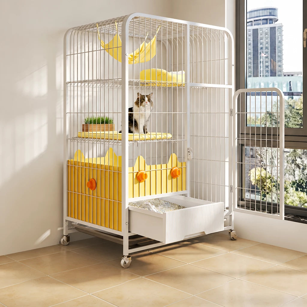 Multi-Level Cat Cage with Integrated Litter Box