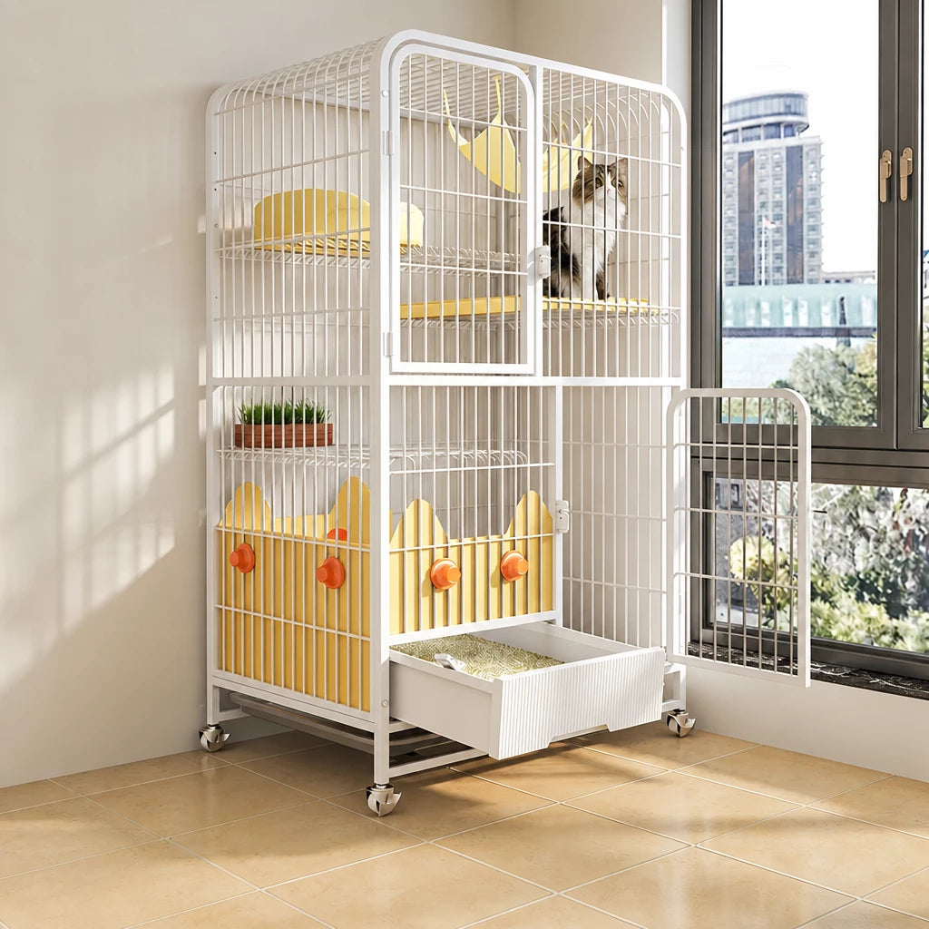 Multi-Level Cat Cage with Integrated Litter Box