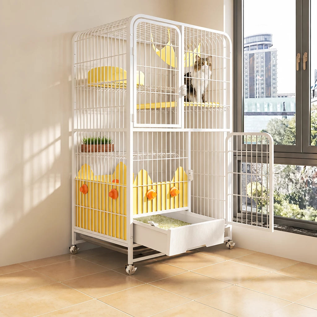 Multi-Level Cat Cage with Integrated Litter Box