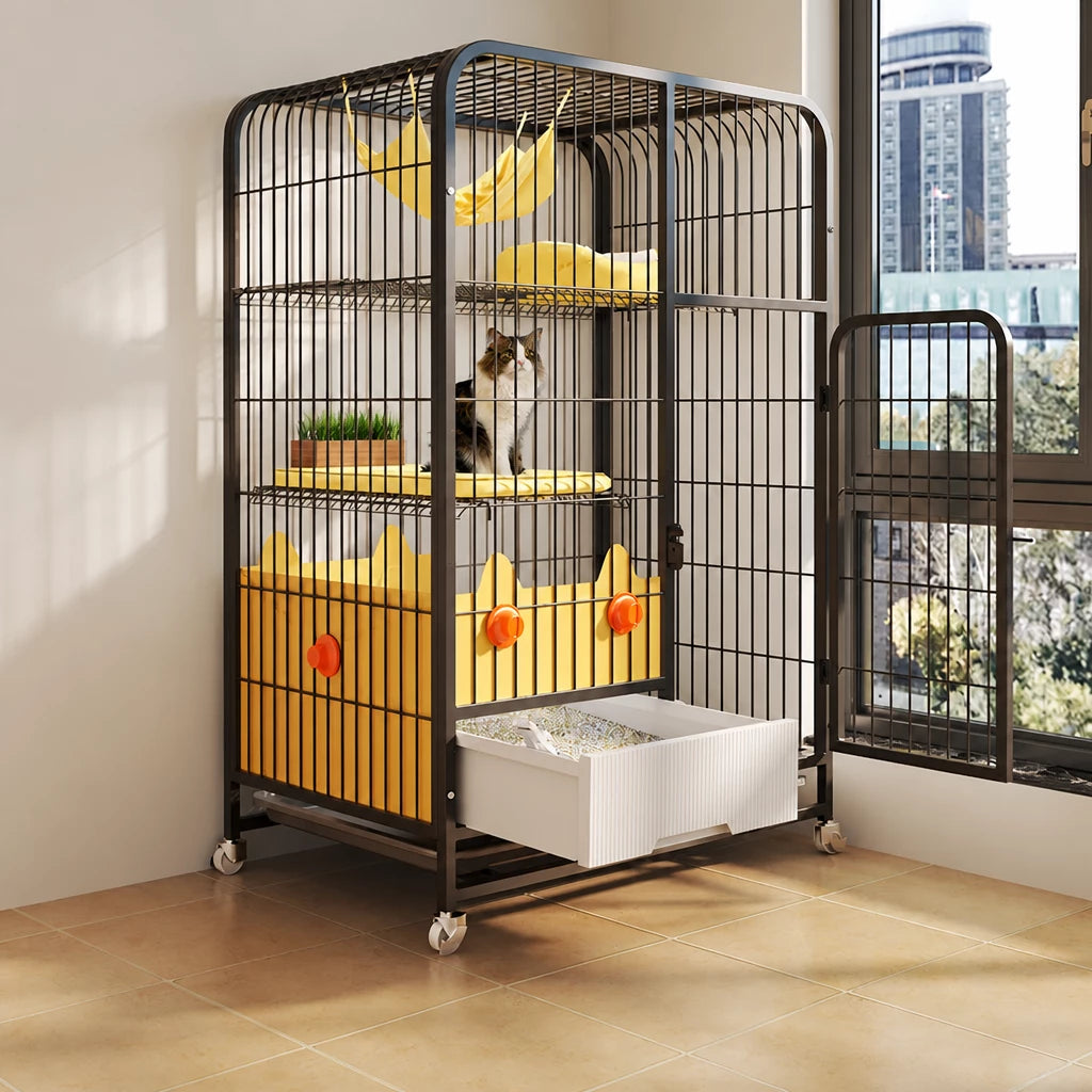 Multi-Level Cat Cage with Integrated Litter Box