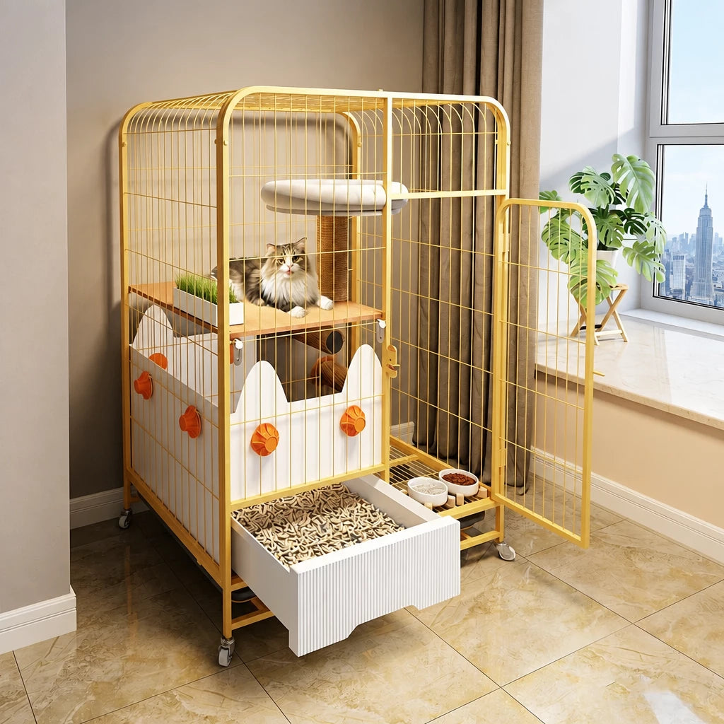 Multi-Level Cat Cage with Integrated Litter Box