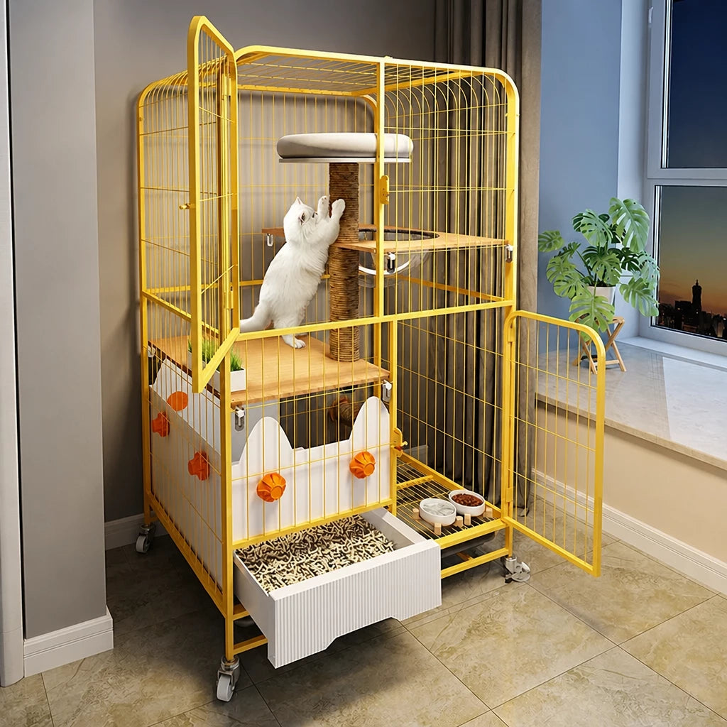 Multi-Level Cat Cage with Integrated Litter Box