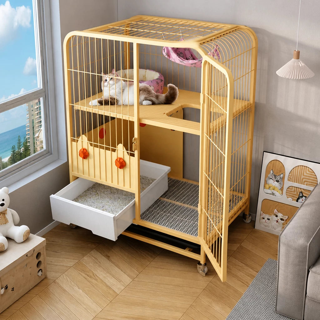 Multi-Level Cat Cage with Integrated Litter Box