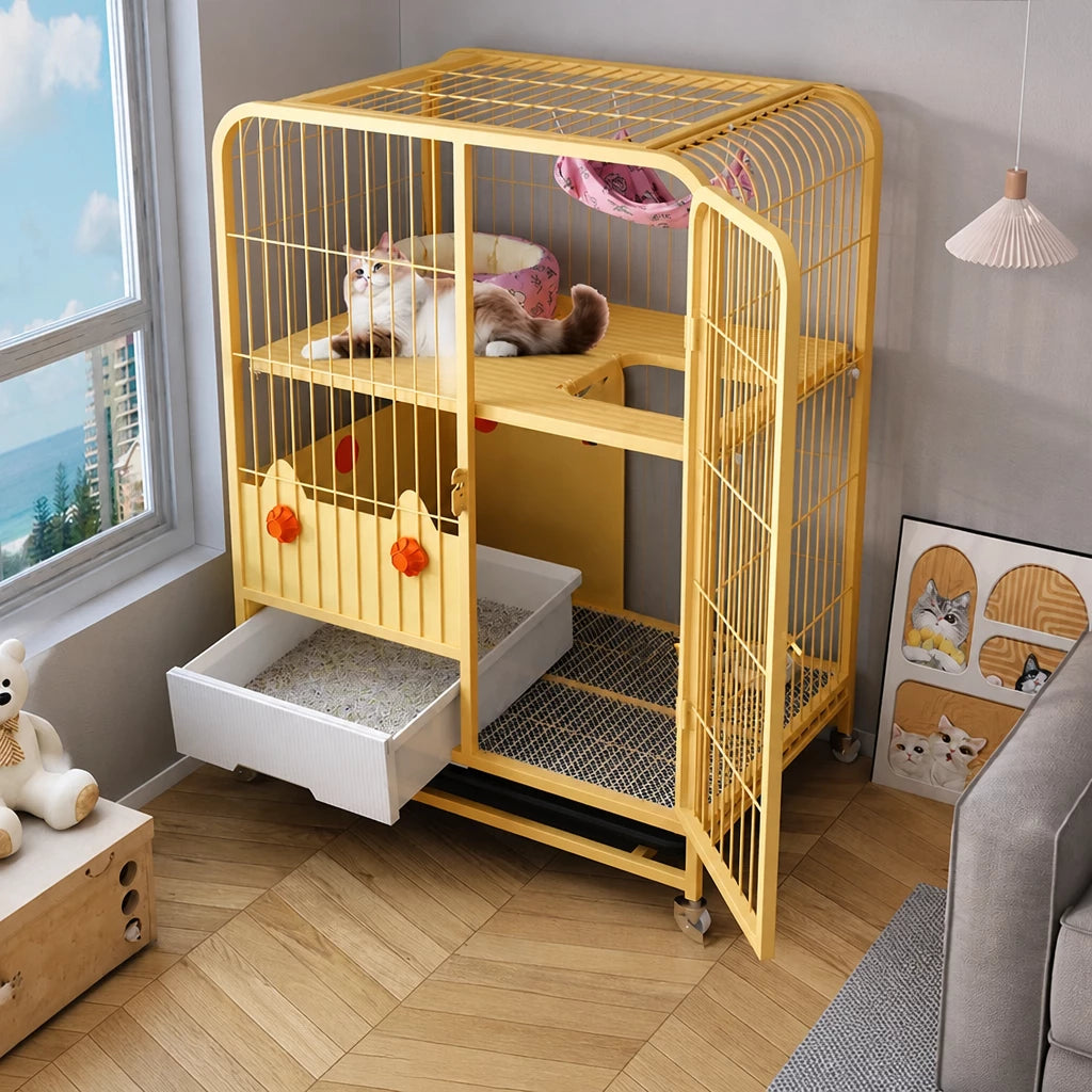 Multi-Level Cat Cage with Integrated Litter Box
