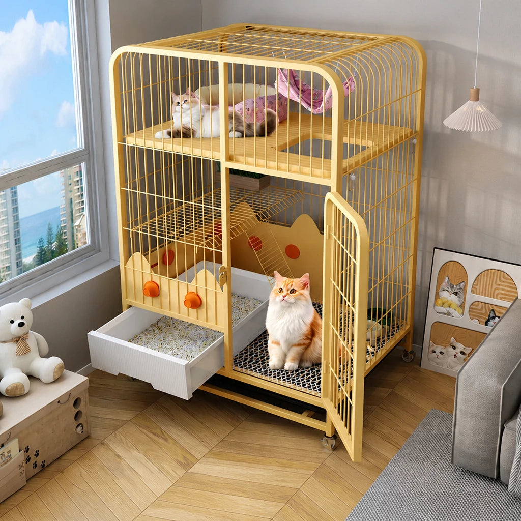 Multi-Level Cat Cage with Integrated Litter Box