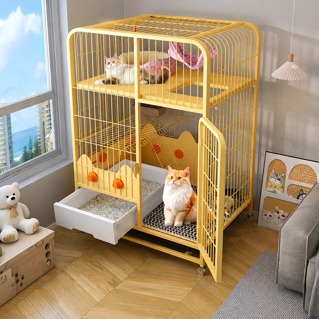 Multi-Level Cat Cage with Integrated Litter Box