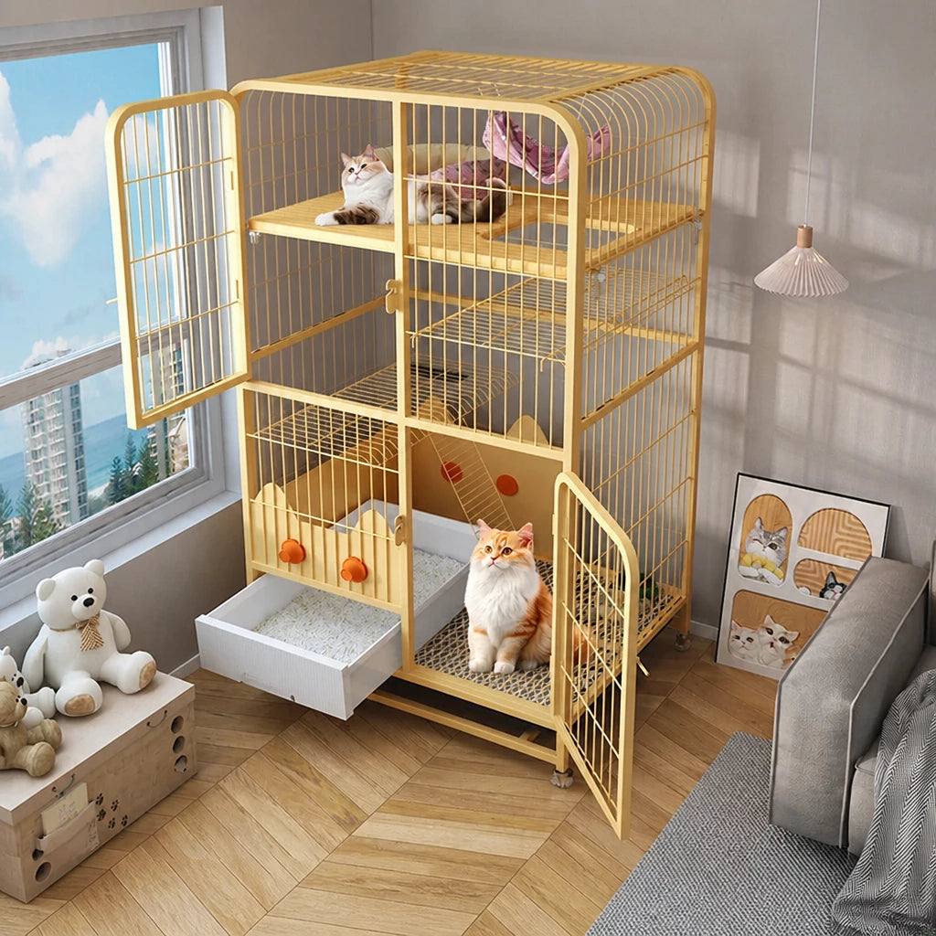 Multi-Level Cat Cage with Integrated Litter Box