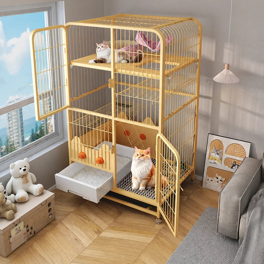 Multi-Level Cat Cage with Integrated Litter Box