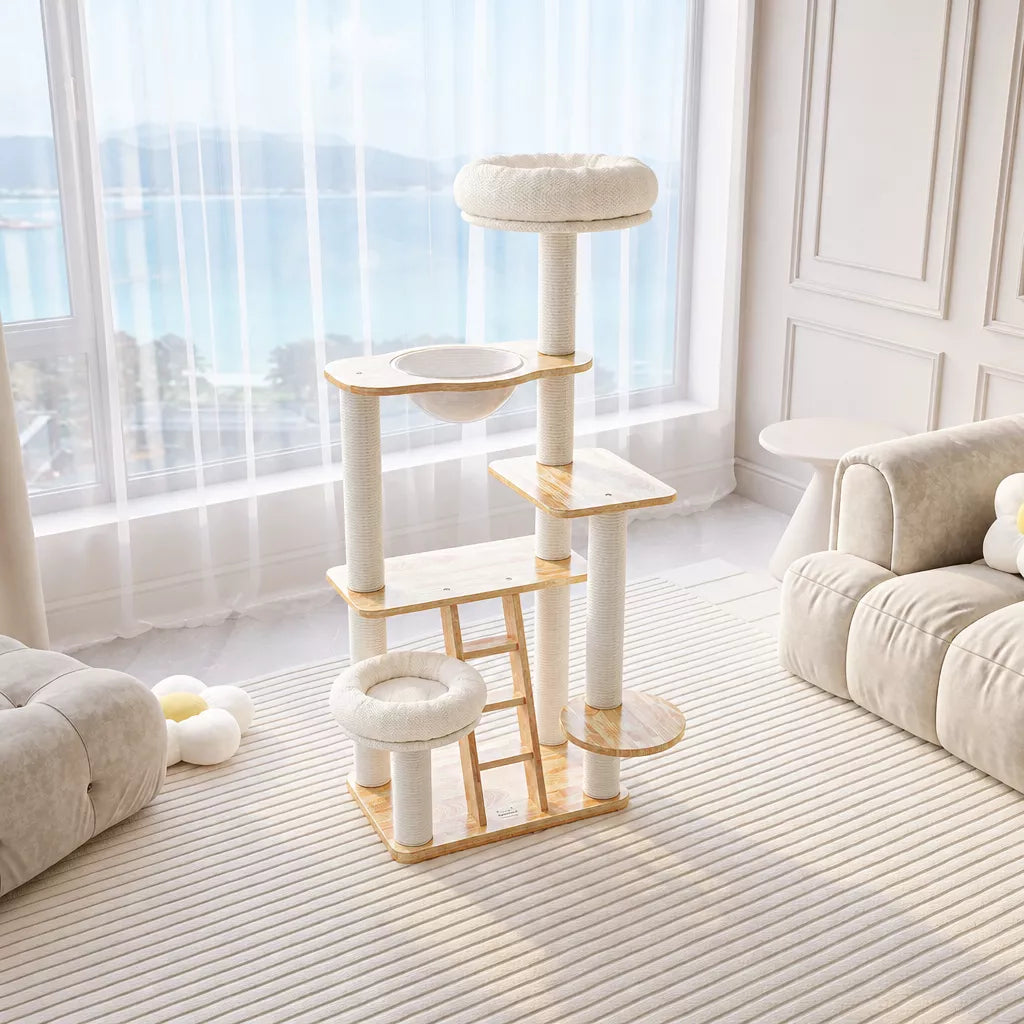 Wooden Cat Tree with Enclosed Hideaway and Removable Washable Parts