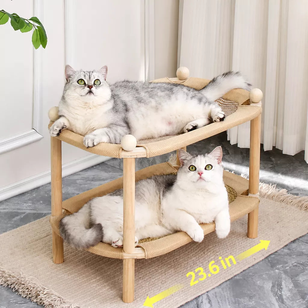 Two-Tier Wooden Cat Bed with Sisal Scratcher and Woven Mats