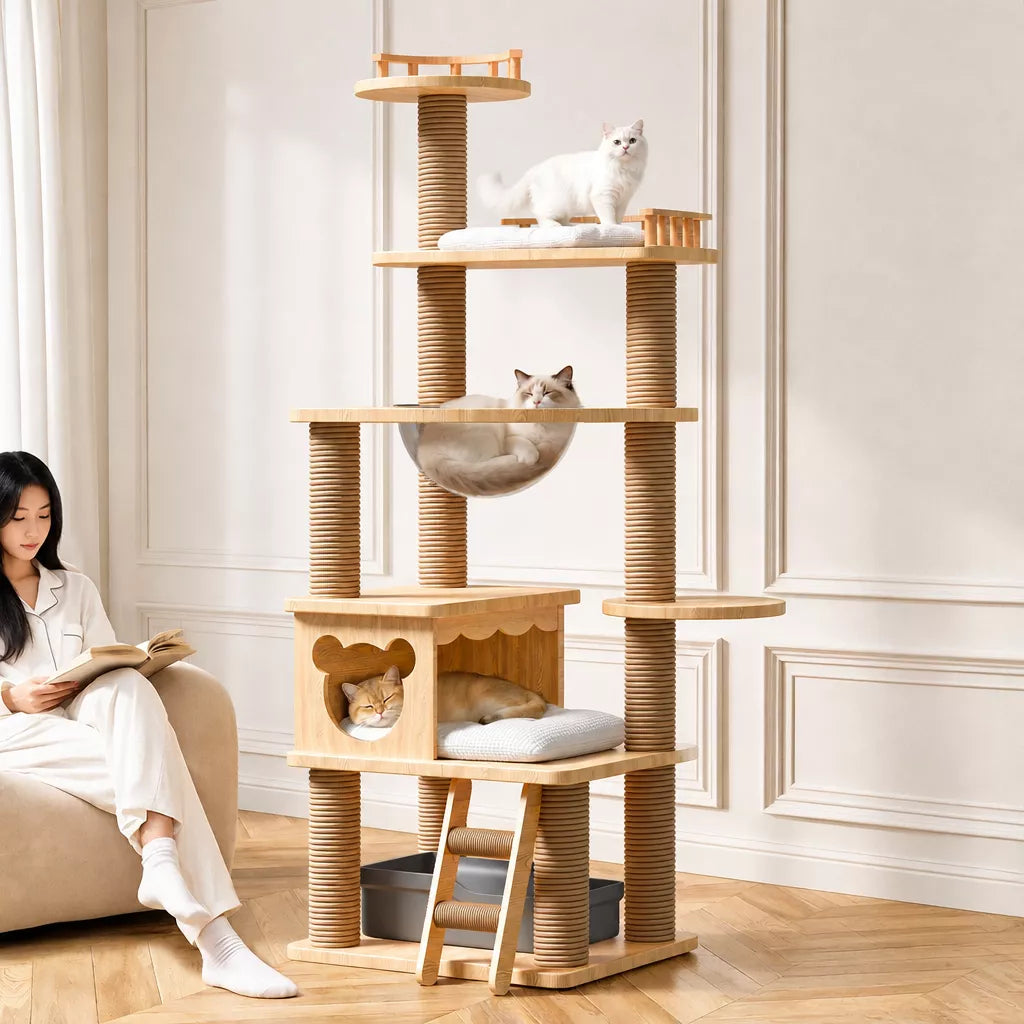 Solid Wood Cat Tree with Hideaways and Climbing Platforms