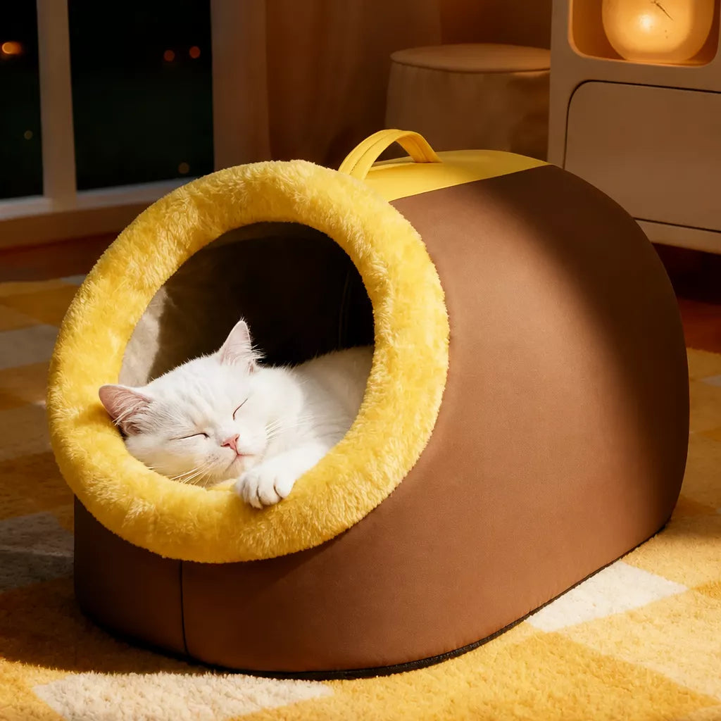 Enclosed Plush Pet Bed with Carry Handle for Cats and Small Dogs