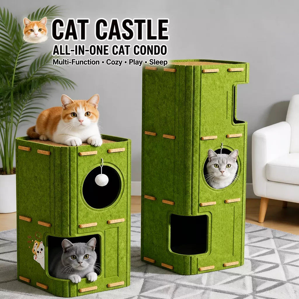 Multi-Level Cat Tree with Enclosed Cat Houses and Scratching Boards