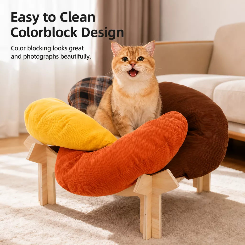 Flower-Shaped Pet Bed with Wooden Stand for Cats & Small Dogs