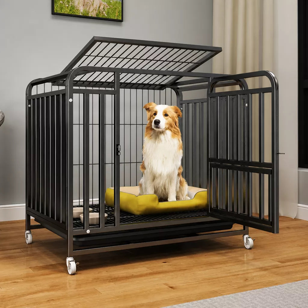 Reinforced Metal Dog Crate with Floor Tray for Medium to Large Dogs