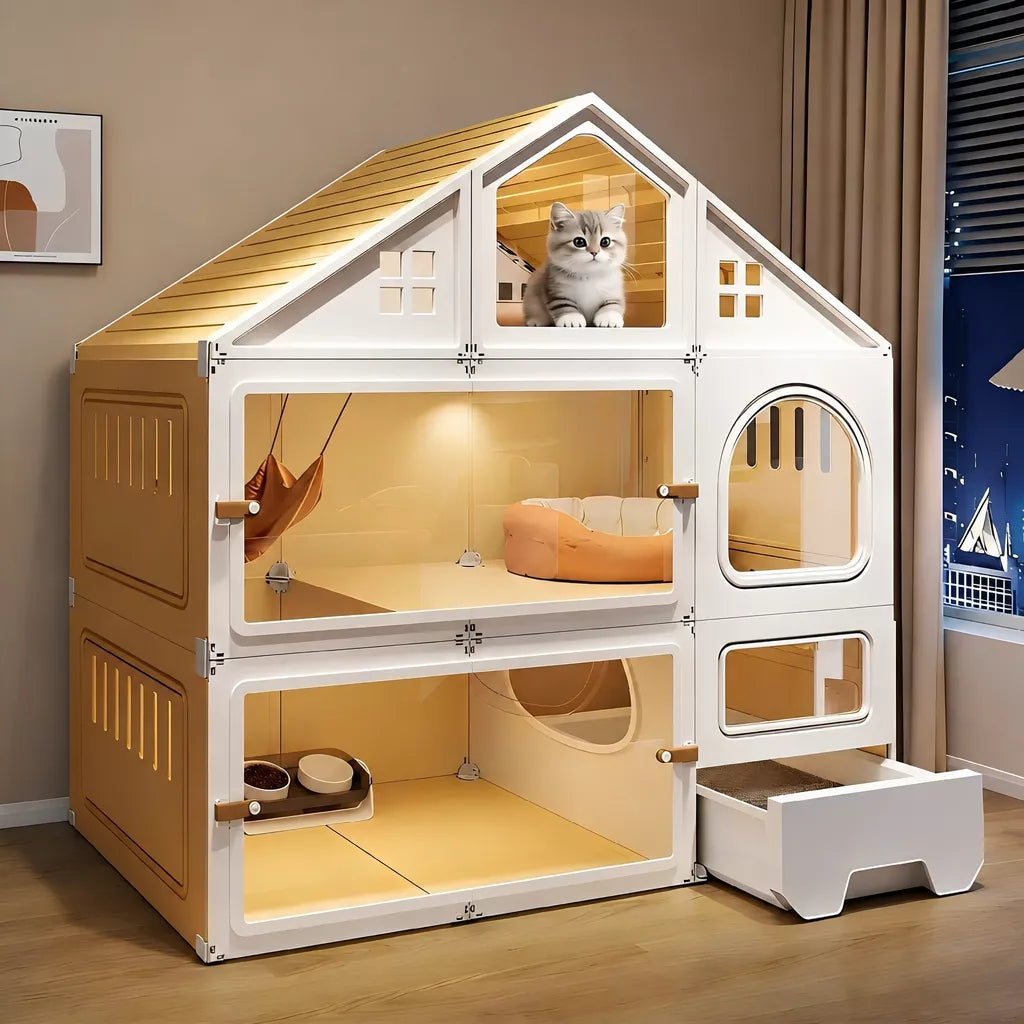 Multi-Level Cat House with Litter Box Area