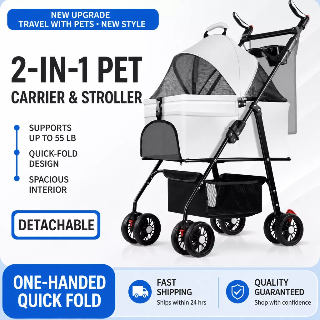 Foldable Pet Stroller with Detachable Carrier and Tray