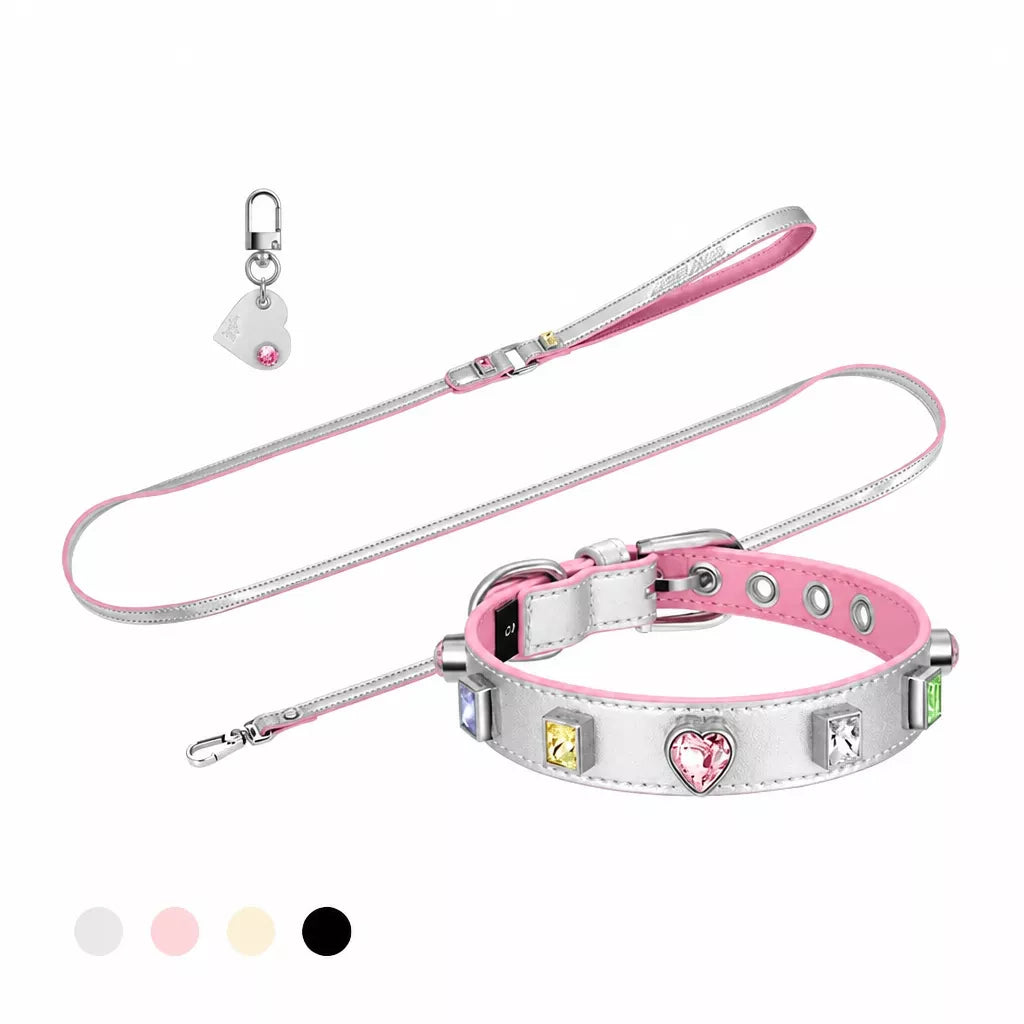 Rhinestone Faux Leather Collar and Leash for Small Pets