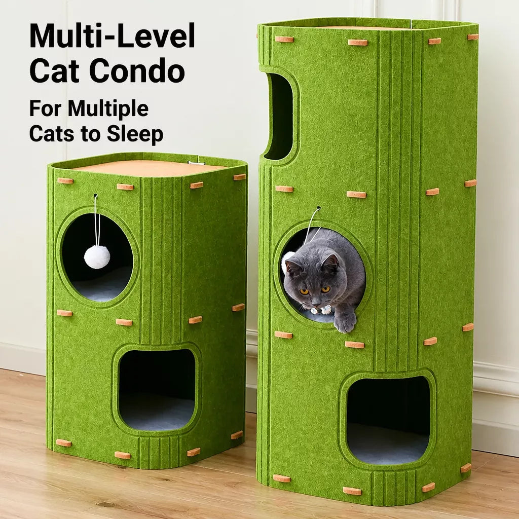 Multi-Level Felt Cat Tree with Enclosed Hideaway