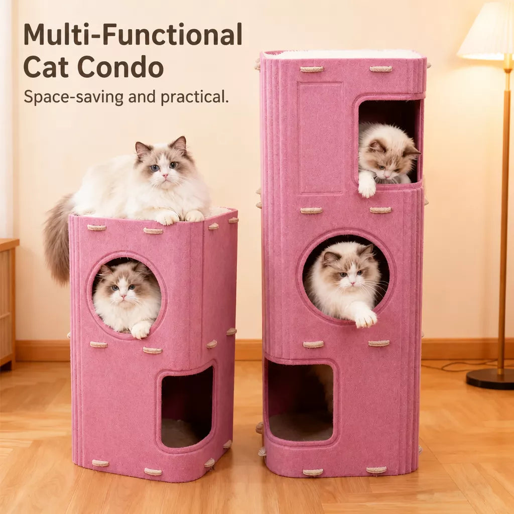 4-Tier Solid Wood Cat Tree with Enclosed House and Scratching Board