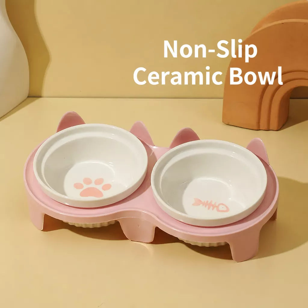 Elevated Pet Bowl Stand with Double Ceramic Bowls