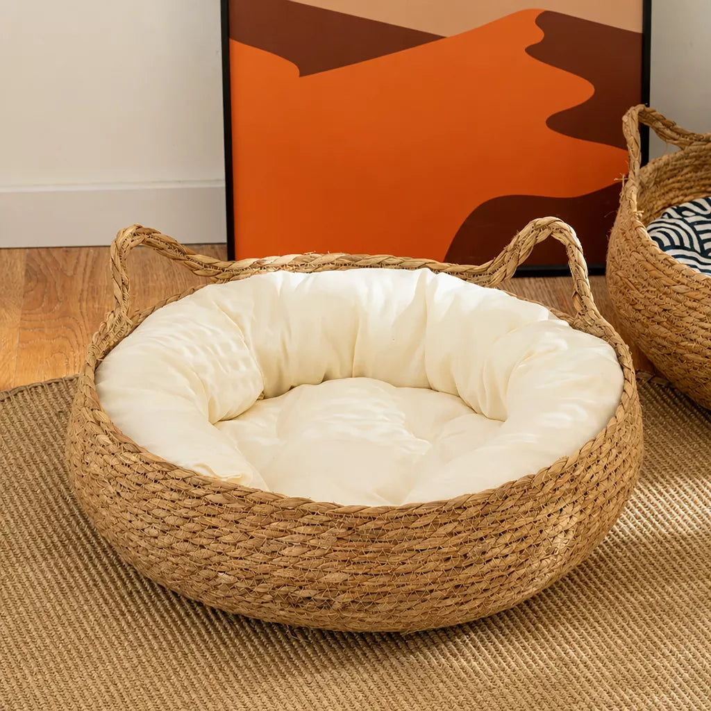 Woven Rattan Cat Bed with Cat-Ear Design