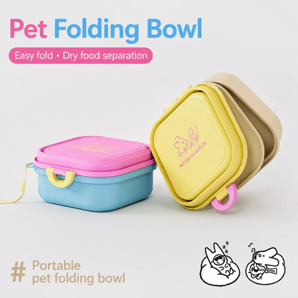 Foldable Double Pet Bowl with Treat Tray, 400 mL Each