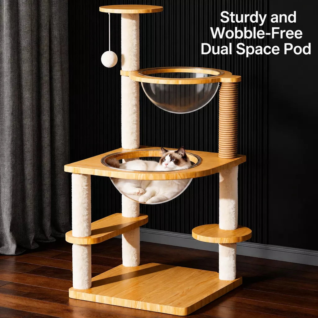 Solid Wood Cat Tree with Enclosed Cat Spaces and Platforms