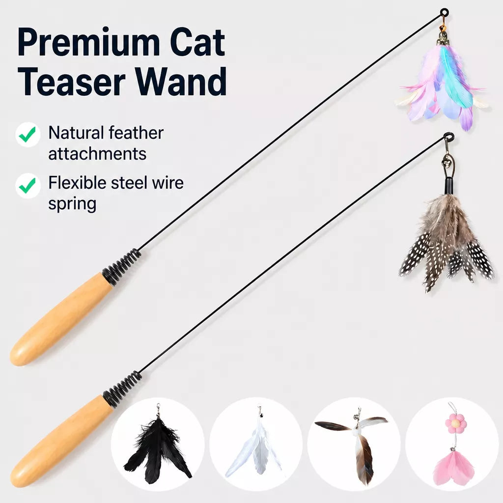 Interactive Cat Teaser Wand with Feather Replacement Heads