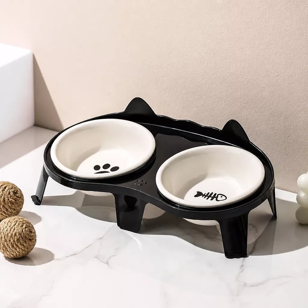 Ceramic Double Cat Bowls with Stand
