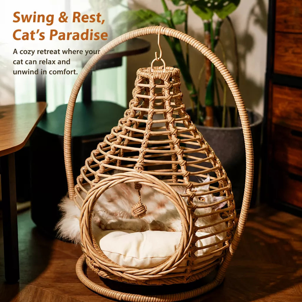 Handwoven Rattan Hanging Pet Bed with Cushion
