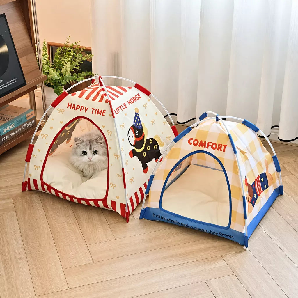 Semi-Enclosed Foldable Pet Tent Bed for Cats and Small Dogs