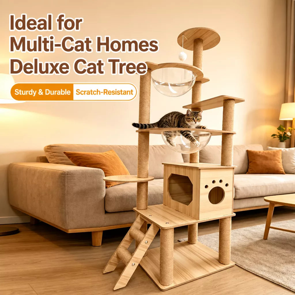 Large Wooden Cat Tree with Cat House, Scratching Post & Capsule Perch
