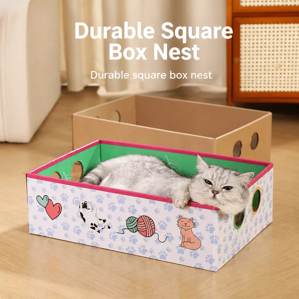 Corrugated Cardboard Cat House with Integrated Scratcher