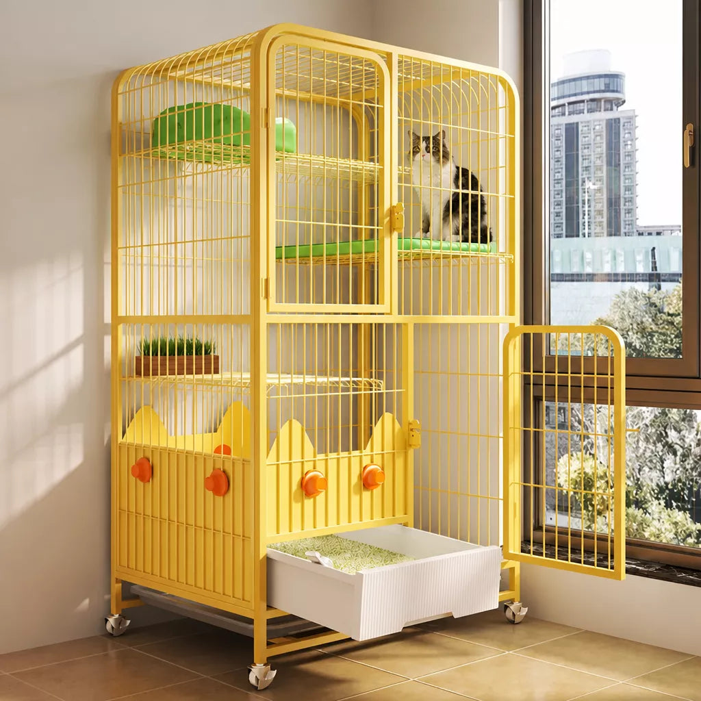 Multi-Level Cat Cage with Integrated Litter Box