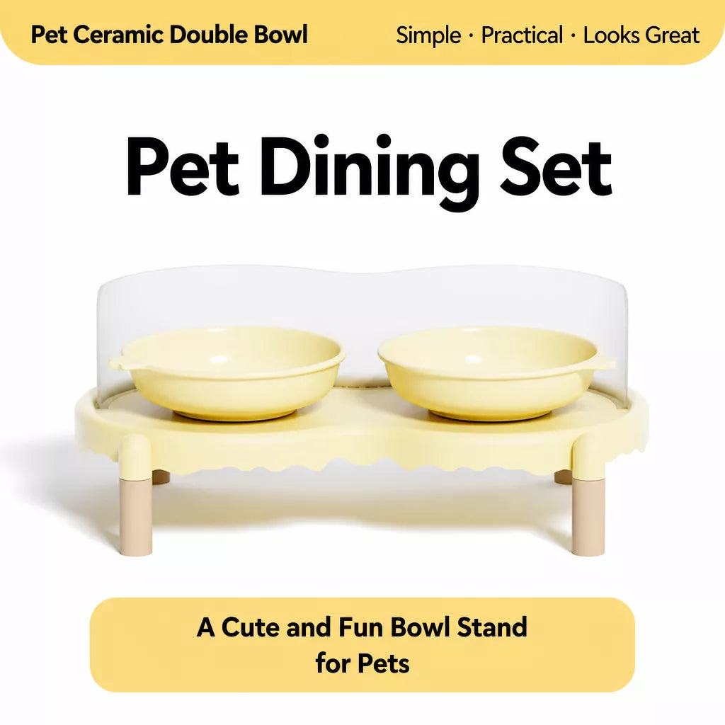 Double Pet Bowl Stand with Paw-Print Bowls