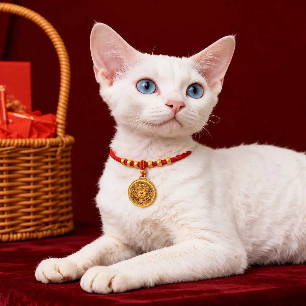 Red Chinese New Year Pet Collar with Decorative Copper Charm