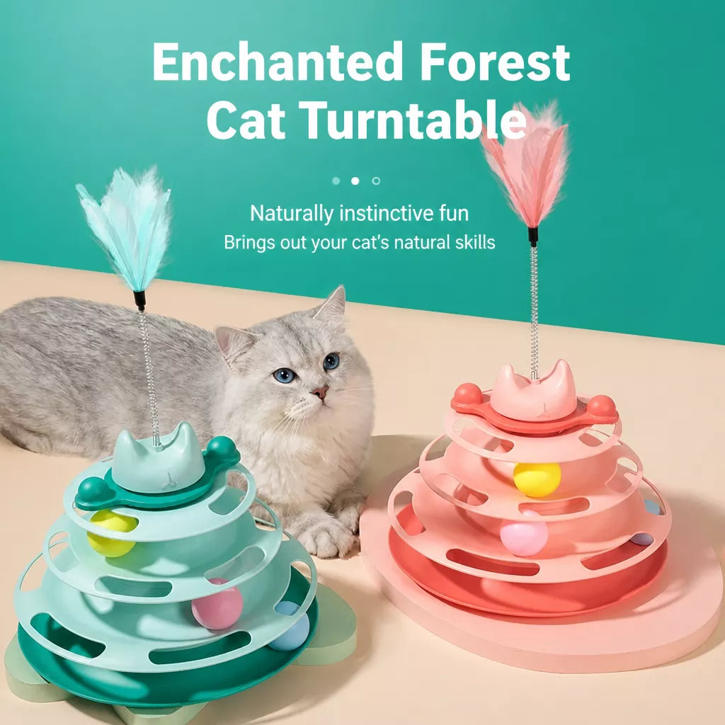 Cat Turntable Toy with Feather Wand and Colorful Balls