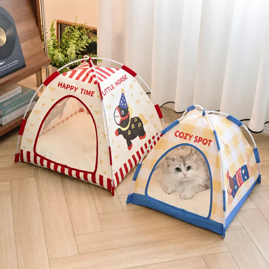 Semi-Enclosed Foldable Pet Tent Bed for Cats and Small Dogs