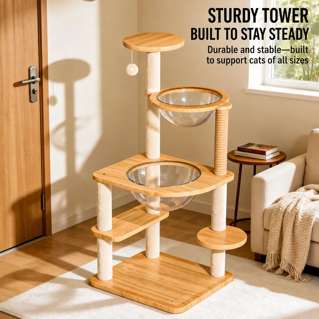 Solid Wood Cat Tree with Enclosed Cat Spaces and Platforms