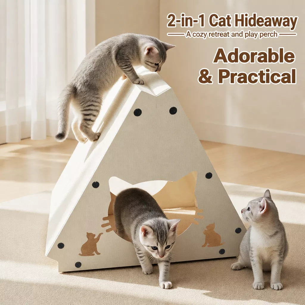 Triangular Cat Scratcher House with Enclosed Hideaway